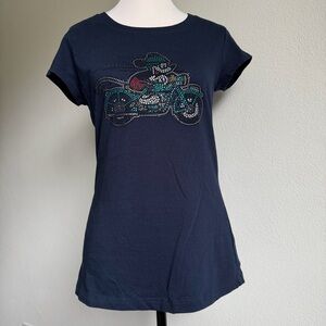 Disney Mickey on Motorcycle Rhinestone Short Sleeve Navy Blue T-Shirt Juniors L
